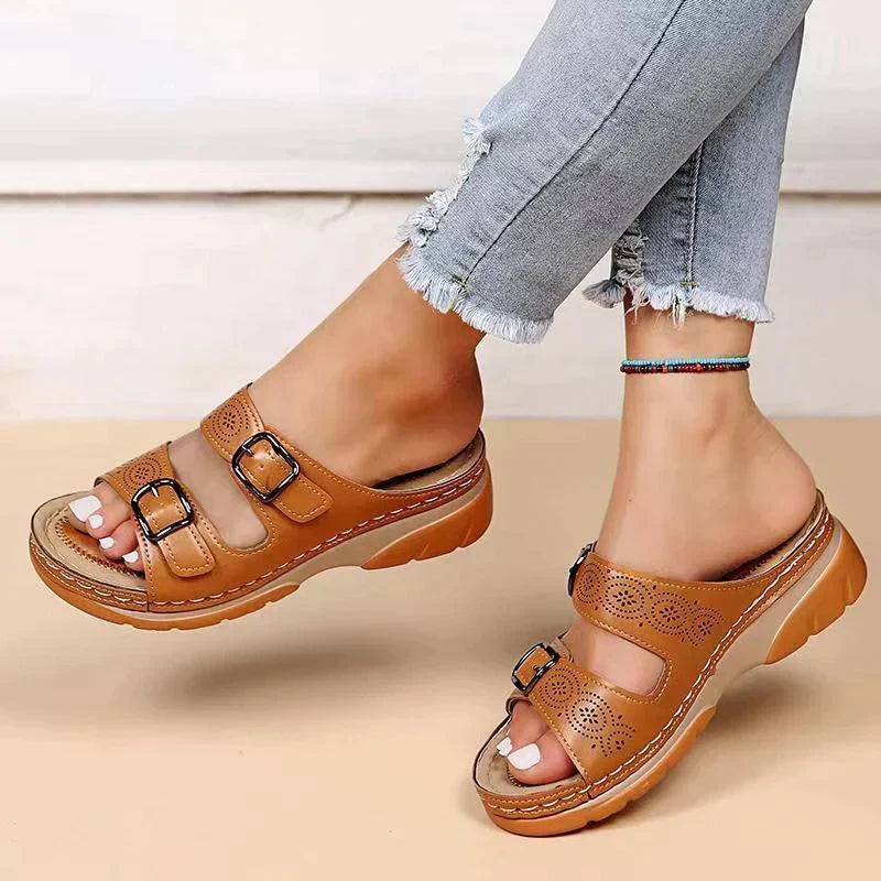 Damen Plateausandalen Doppelriemen Verstellbar Schwarz - Eveloria