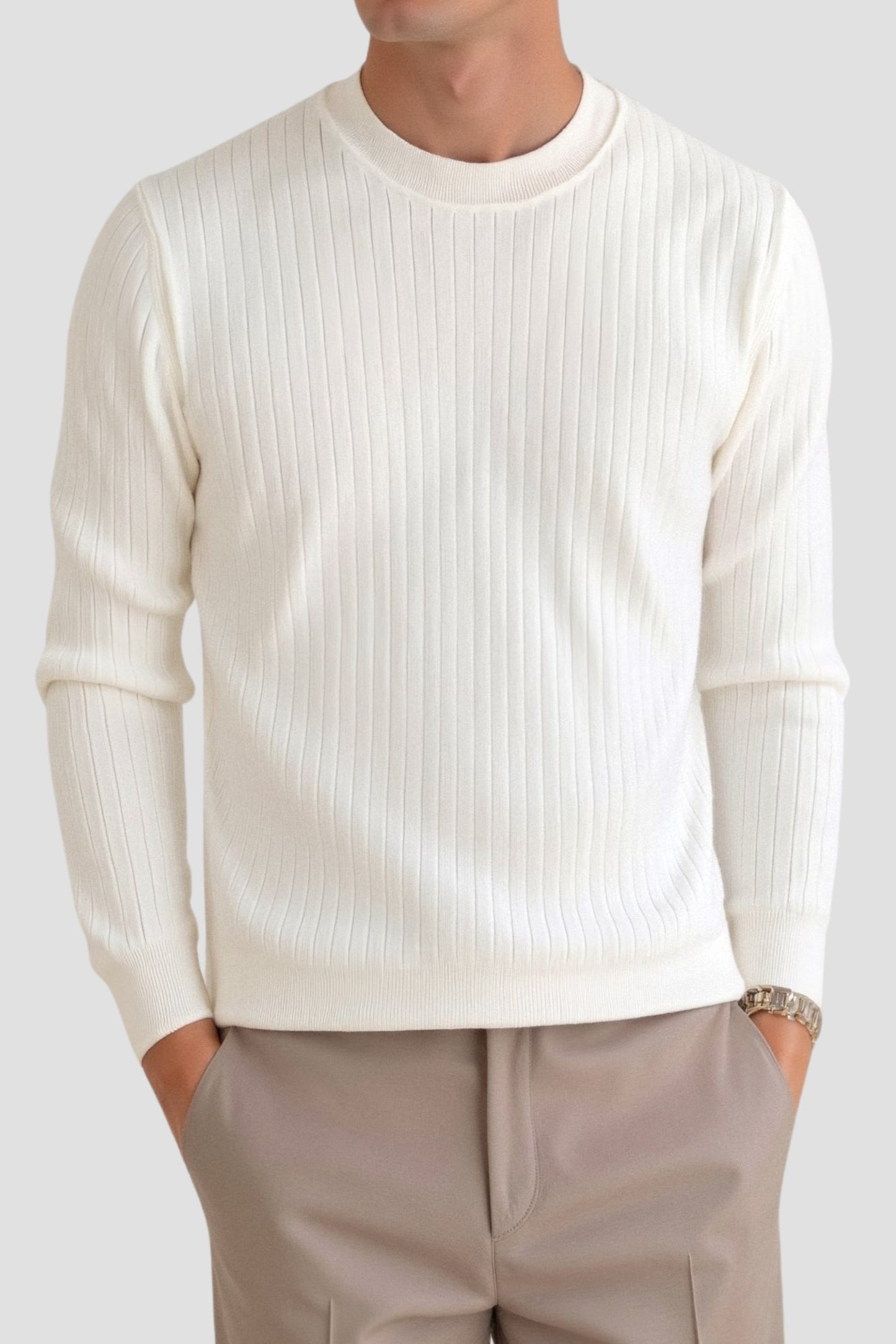 Herren Feinripp Langarmshirt Minimalistisch Weiß