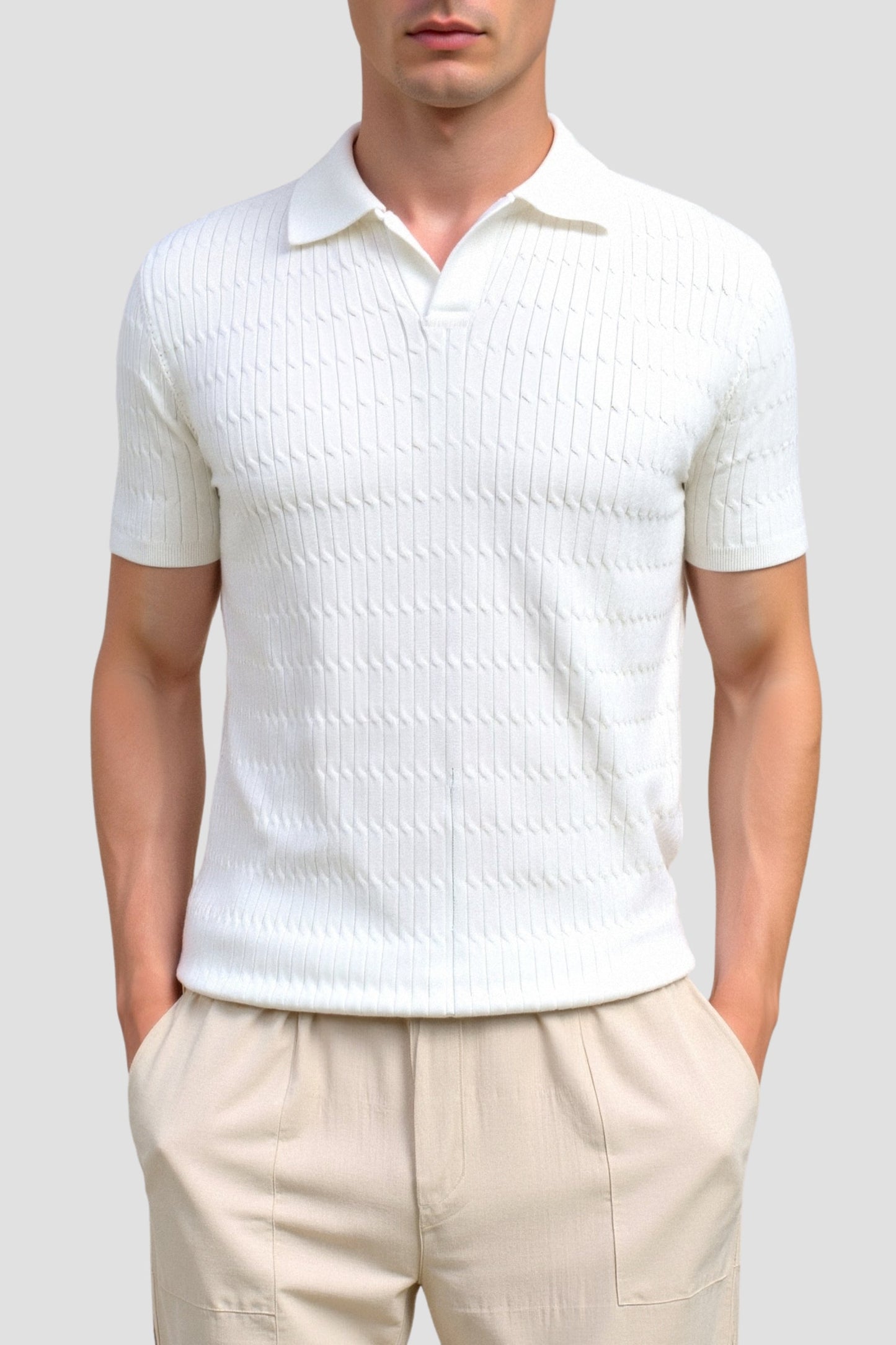 Weißes Herren Poloshirt Strick Strukturmuster