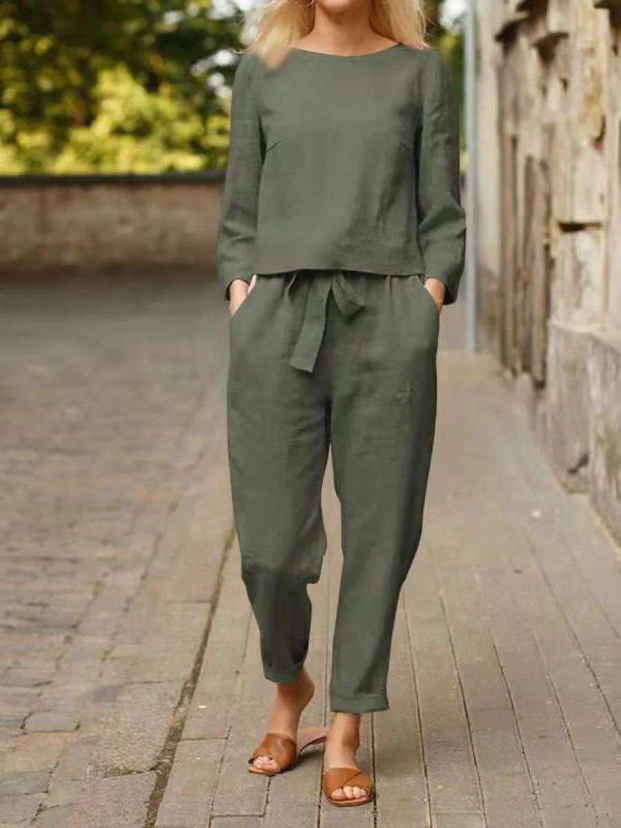Damen Freizeit-Set Langärmliges Oberteil Gürtelhose