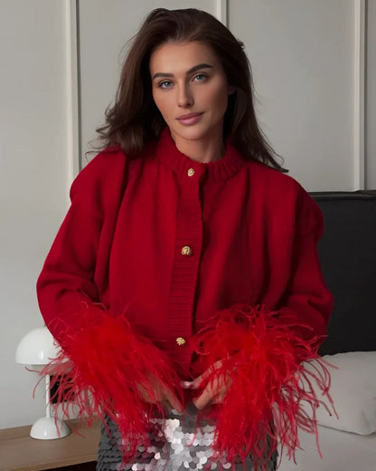 Damen Strickjacke Knöpfe Federärmel