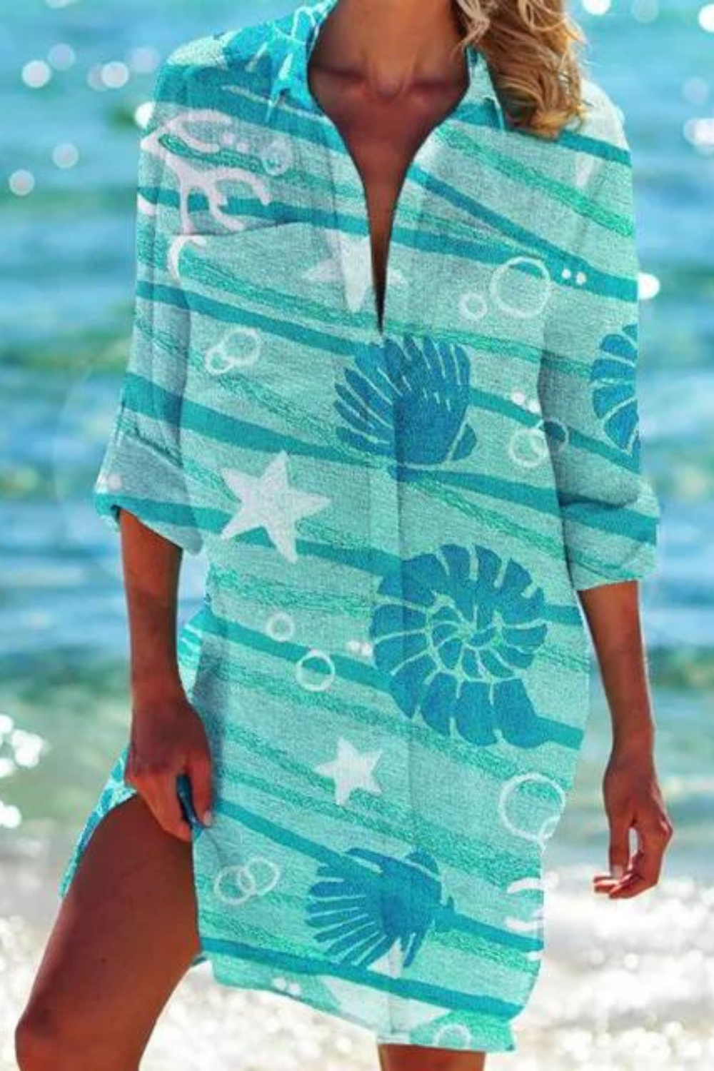 Eveloria Damen Strandbluse Meeresmotiv Lang