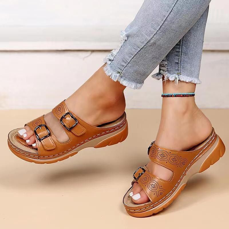 Eveloria Damen Orthopädische Sandalen Sommer Leder Beige