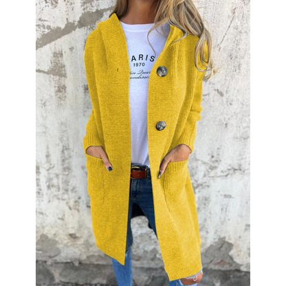 Damen Cardigan Lang Mit Kapuze Große Knöpfe