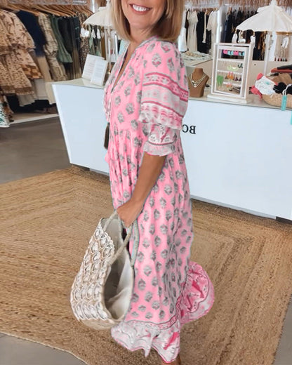 Eveloria Damen Kleid V-Ausschnitt Halbärmlig Bedruckt