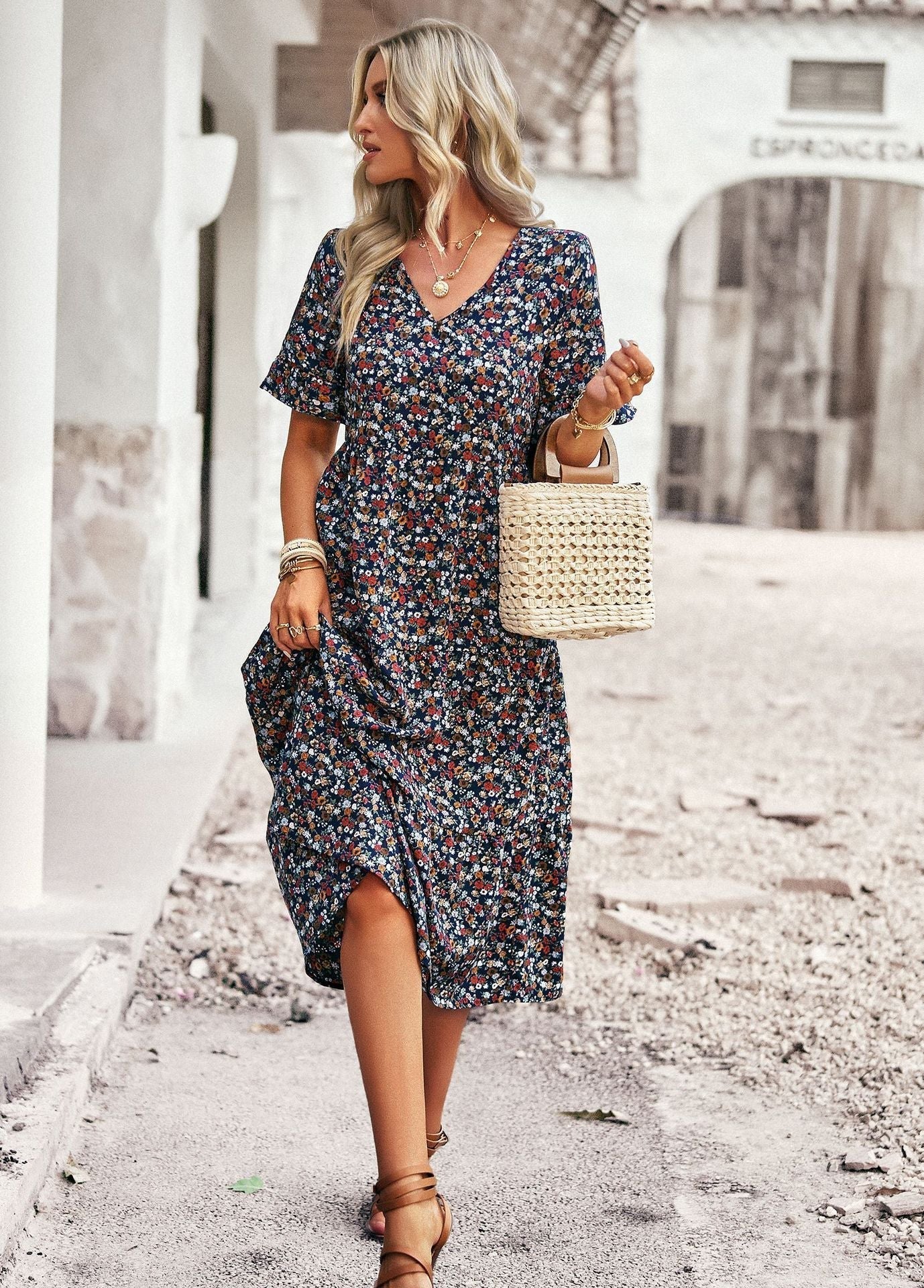 Damen Florales Midikleid Bequeme Passform