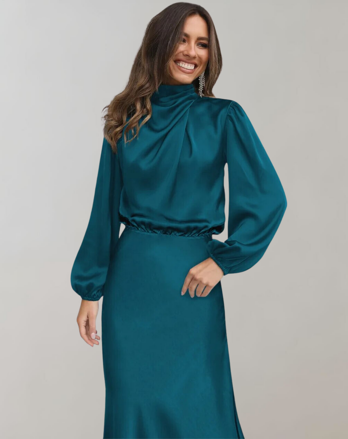 Eveloria Damen Satin Kleid Langärmlig