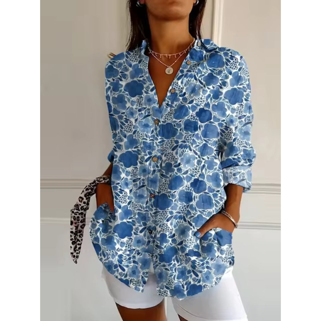 Damen Blumenbluse Knopfleiste Lange Ärmel Luftig