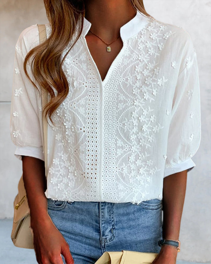 Damen Sommerbluse V-Ausschnitt Puffärmel
