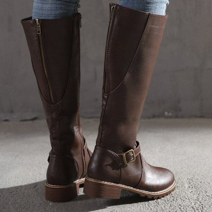 Damen Kniehohe Stiefel Blockabsatz Rundzehen Leder