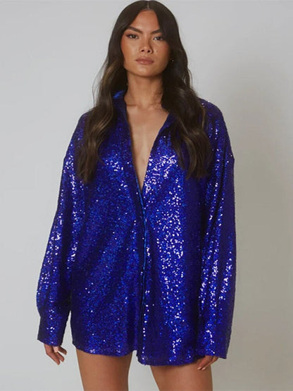 Damen Oversized Hemdkleid Langarm Glitzer