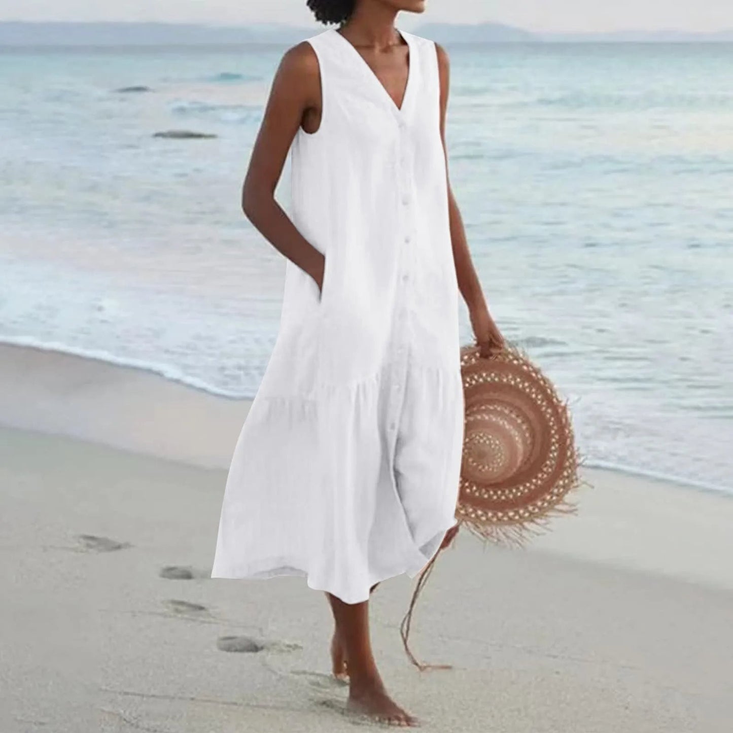 Damen Ärmelloses Strandkleid V-Ausschnitt Midi - Eveloria
