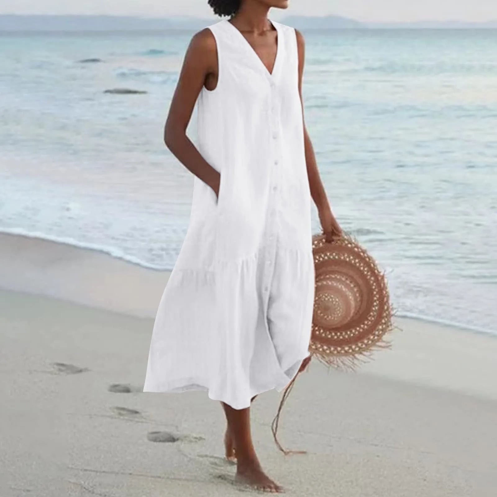 Damen Ärmelloses Strandkleid V-Ausschnitt Midi - Eveloria