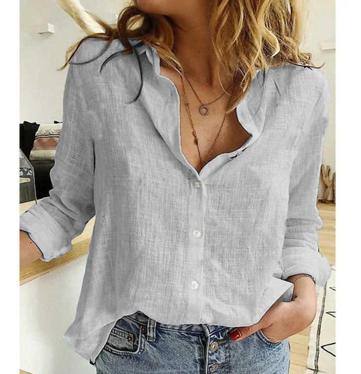 Damen Bluse V-Ausschnitt Knopfleiste Leicht Blau