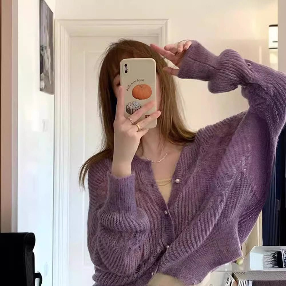 Damen Lila Langarm-Strickcardigan