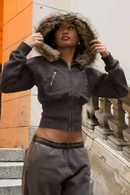 Damen Flausch-Hoodie Weich Grau