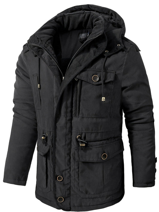 Herren Winterjacke mit Kapuze Warm Isoliert Schwarz - Eveloria