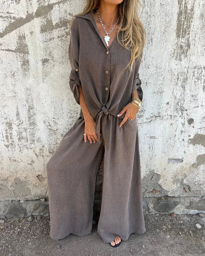 Damen Zweiteiler Uni weite Hose lockere Bluse
