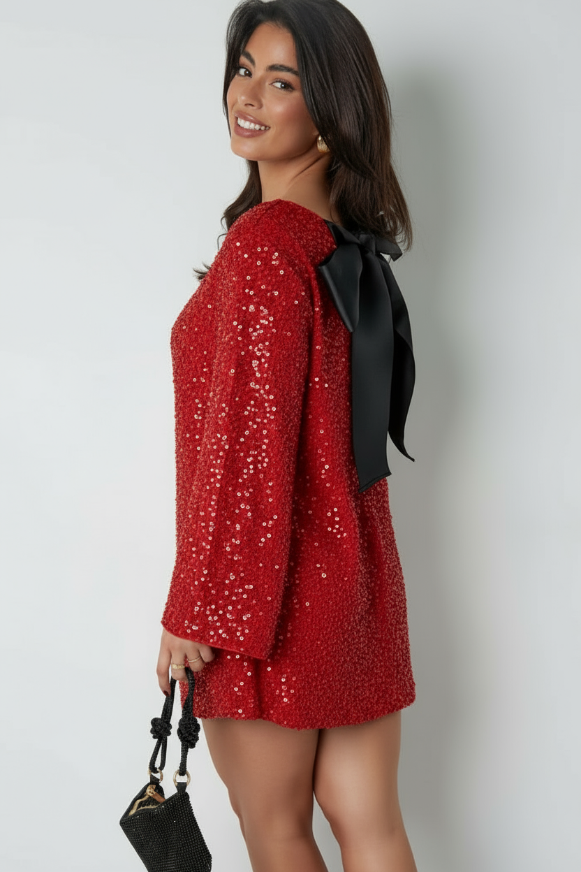 Damen Langarmkleid Hochzeitsgast Mini mit Schleife