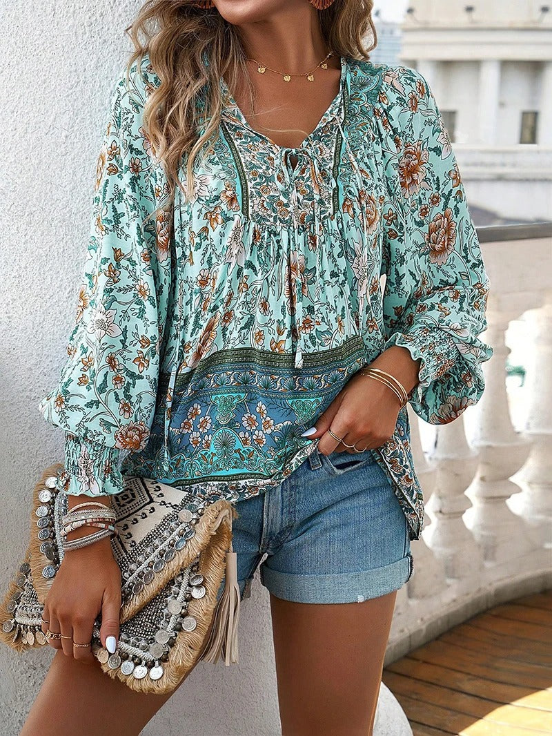 Damen Boho Bluse Blumenmuster Langärmlig Bindekragen