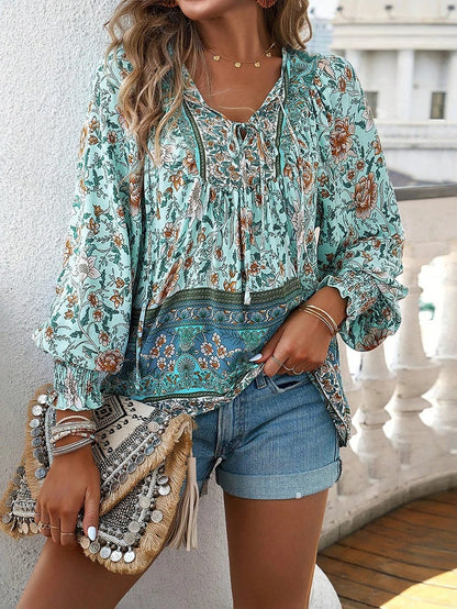 Damen Boho Bluse Blumenmuster Langärmlig Bindekragen