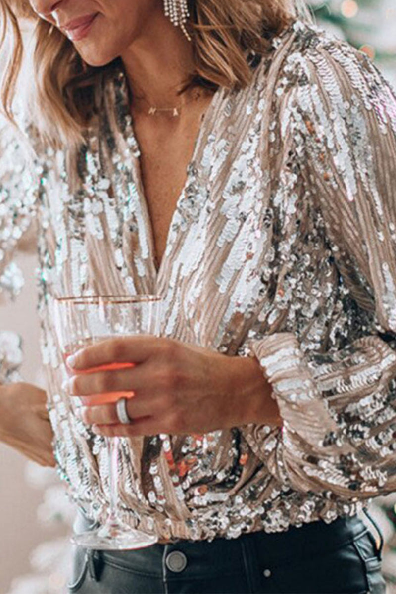 Tinky Damen Partybluse V-Ausschnitt Puffärmel Glitzer Lurex Effekt