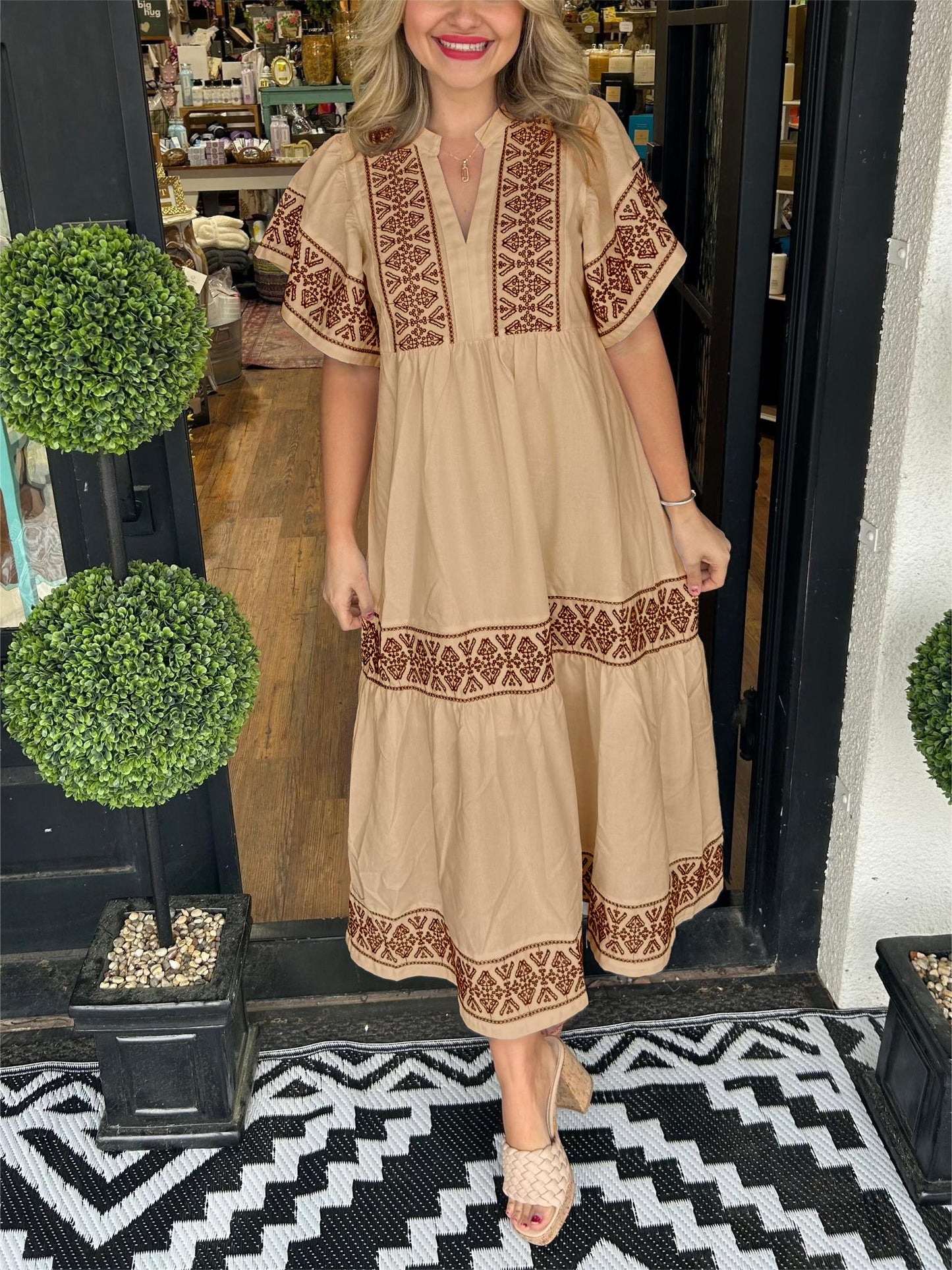 Ibiza Style Damen Midi Kleid V-Ausschnitt Weite Ärmel Lockere Passform