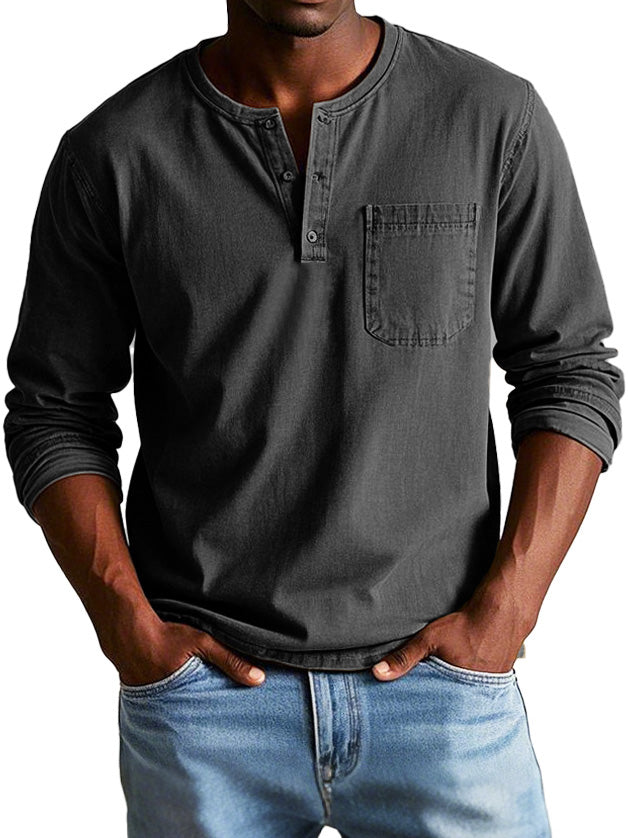 Herren Langarm Henley T-Shirt mit Brusttasche