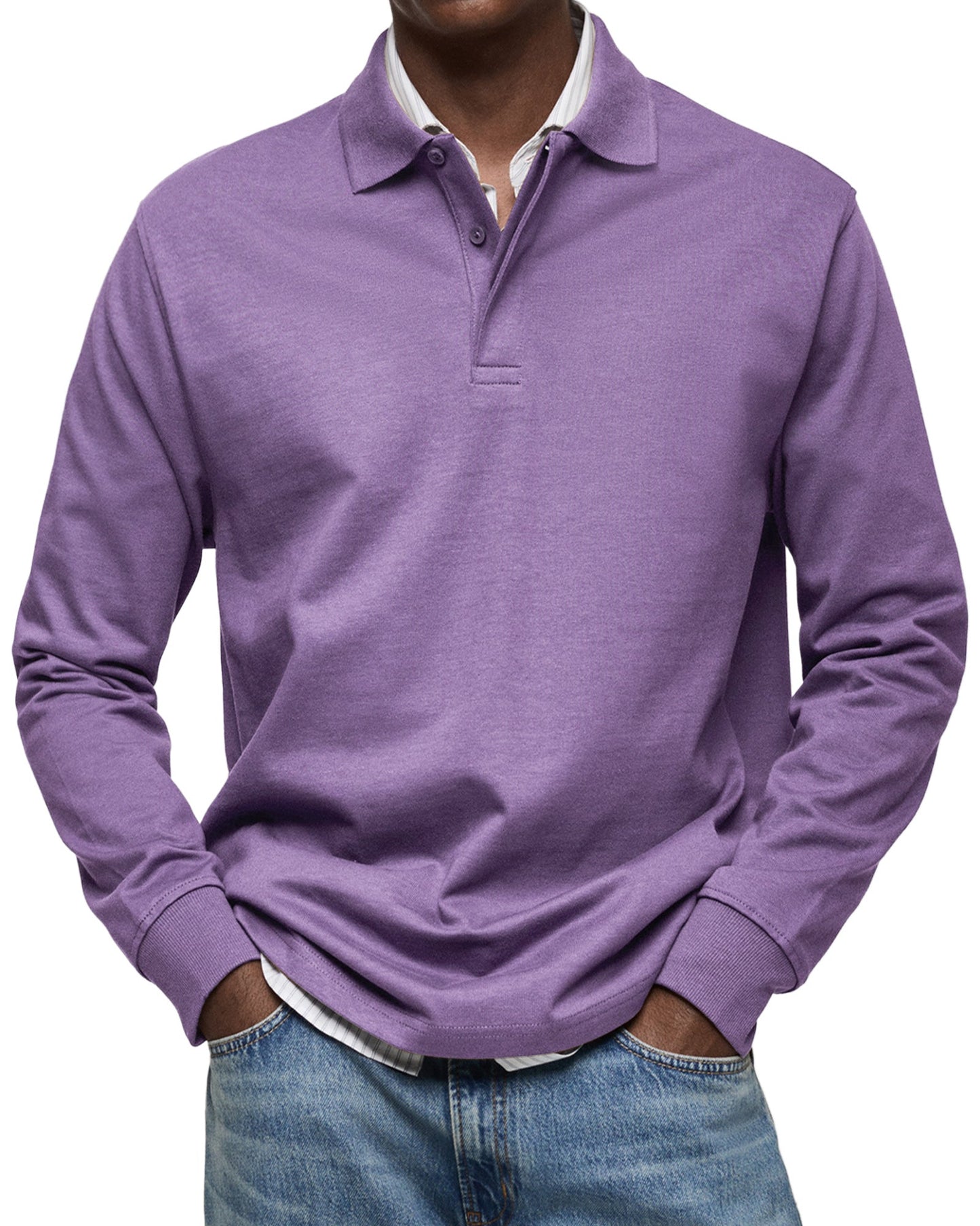 Herren Langarm Poloshirt Knopfleiste Klassisch Beige