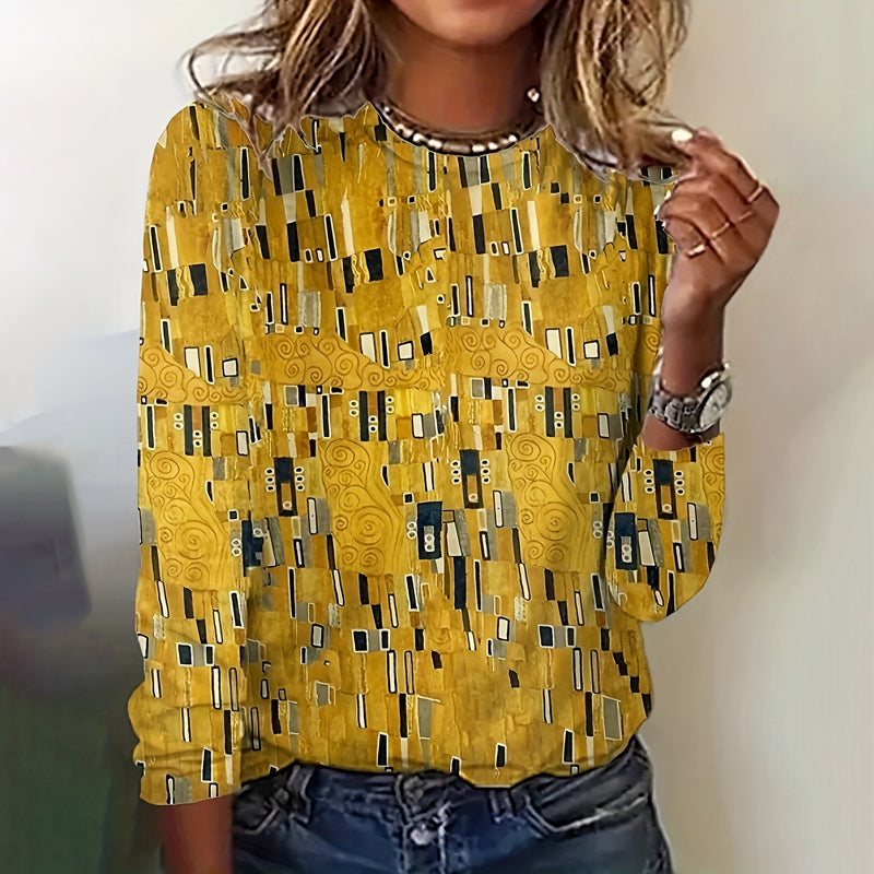 Gelbe Damenbluse Abstrakt Print Rundhals - Eveloria