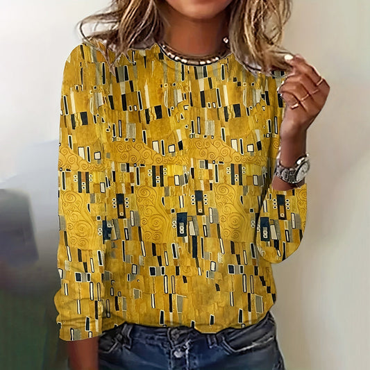 Gelbe Damenbluse Abstrakt Print Rundhals - Eveloria