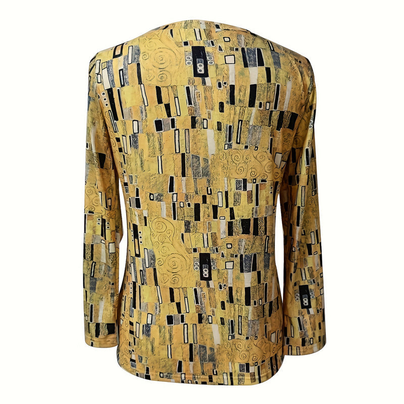 Gelbe Damenbluse Abstrakt Print Rundhals