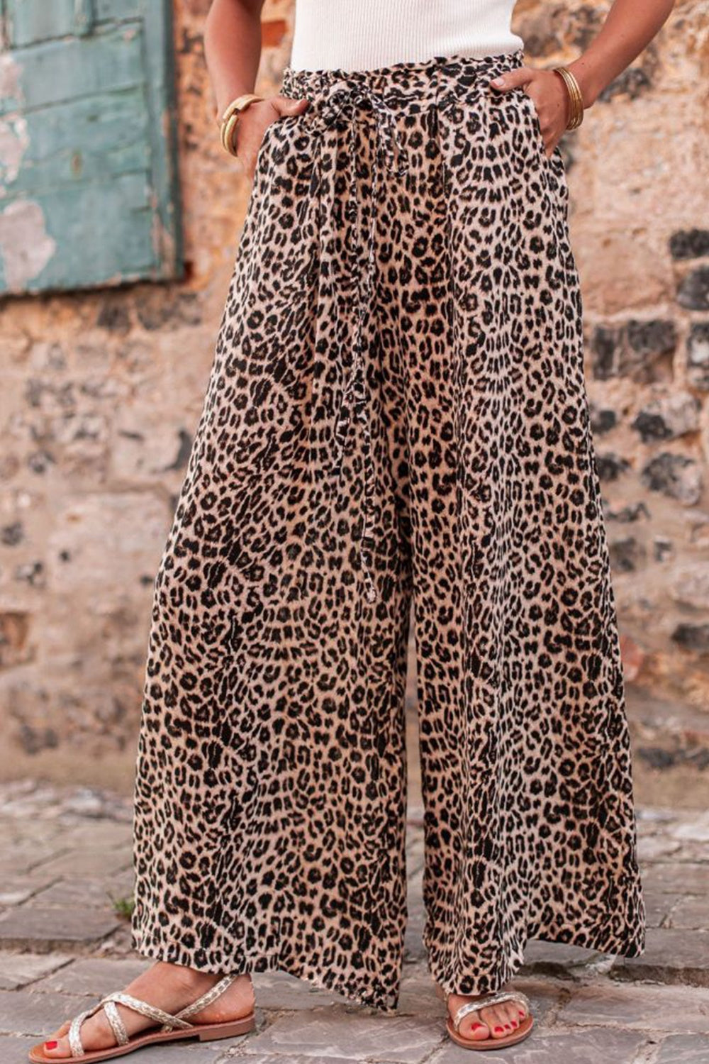 Eveloria Damen Leopardhose Weite Beinform Zugband