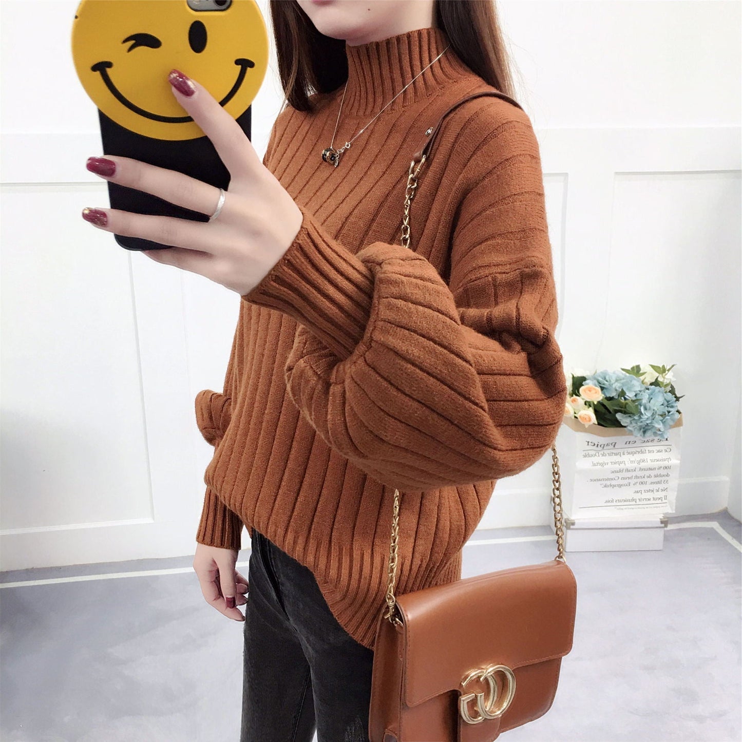 Damen Strickpullover Hoher Kragen Lässig Wärmer Beige
