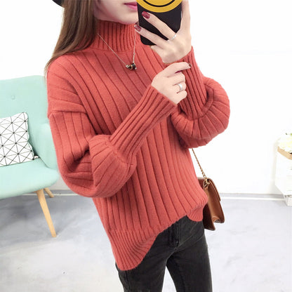Damen Strickpullover Hoher Kragen Lässig Wärmer Beige