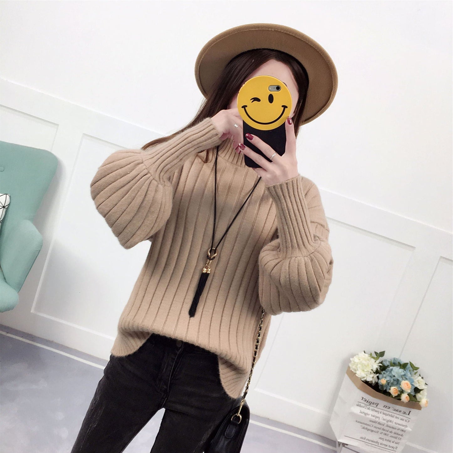 Damen Strickpullover Hoher Kragen Lässig Wärmer Beige