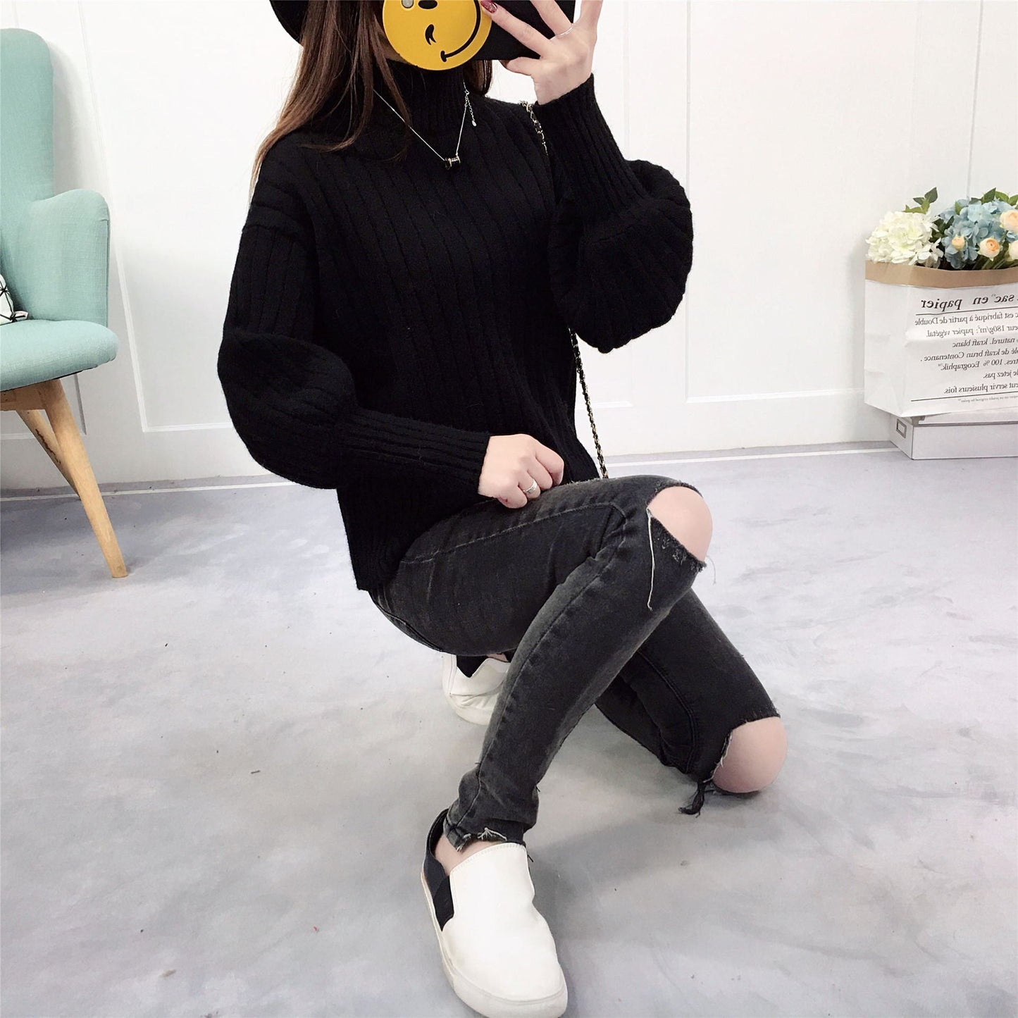 Damen Strickpullover Hoher Kragen Lässig Wärmer Beige