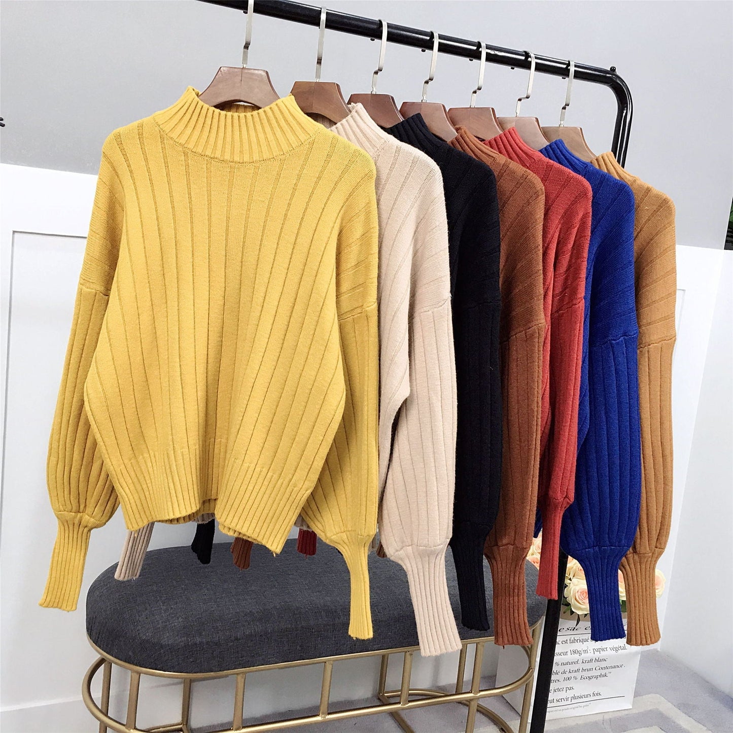 Damen Strickpullover Hoher Kragen Lässig Wärmer Beige - Eveloria