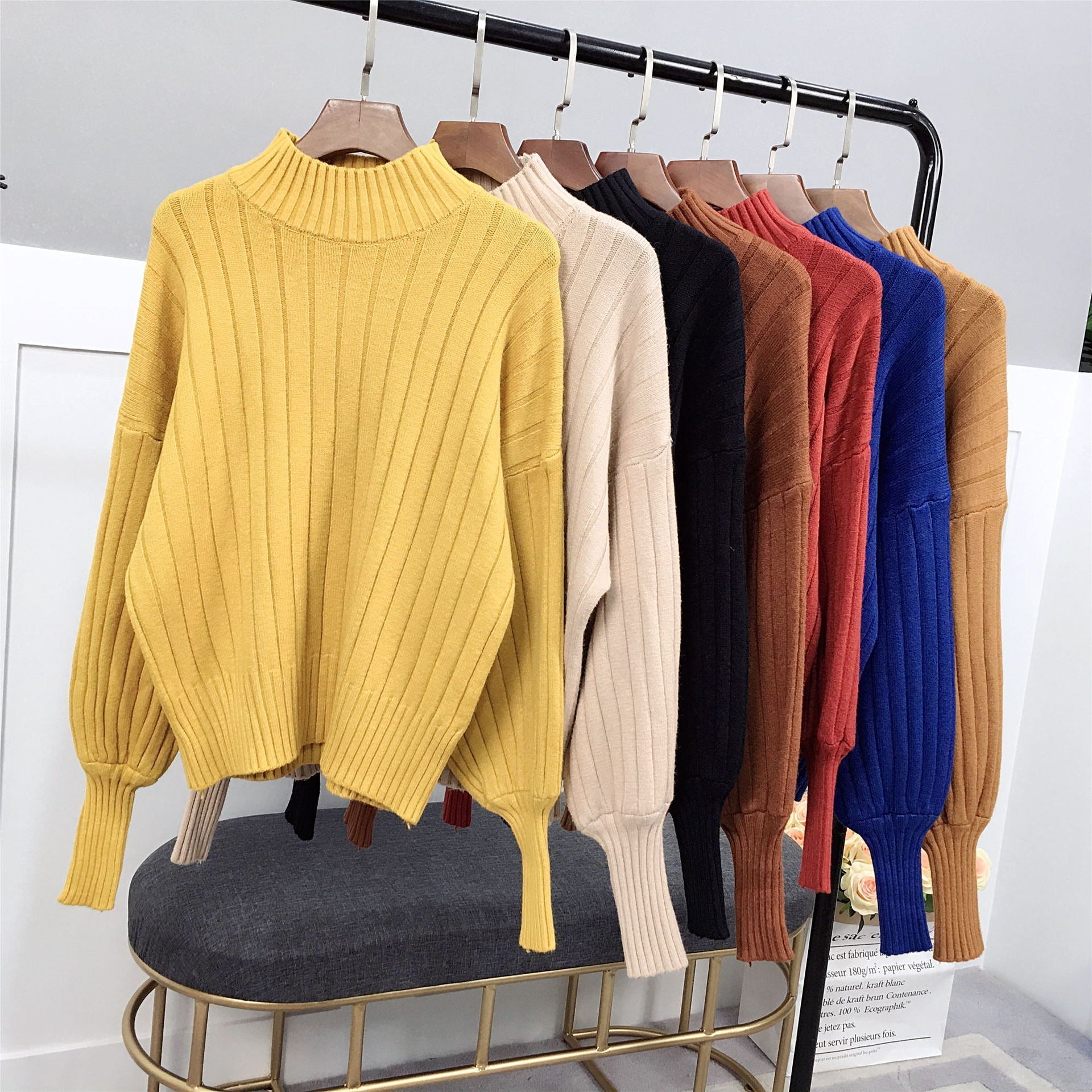 Damen Strickpullover Hoher Kragen Lässig Wärmer Beige - Eveloria