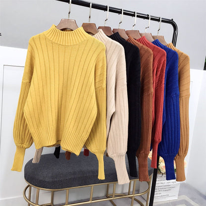 Damen Strickpullover Hoher Kragen Lässig Wärmer Beige - Eveloria
