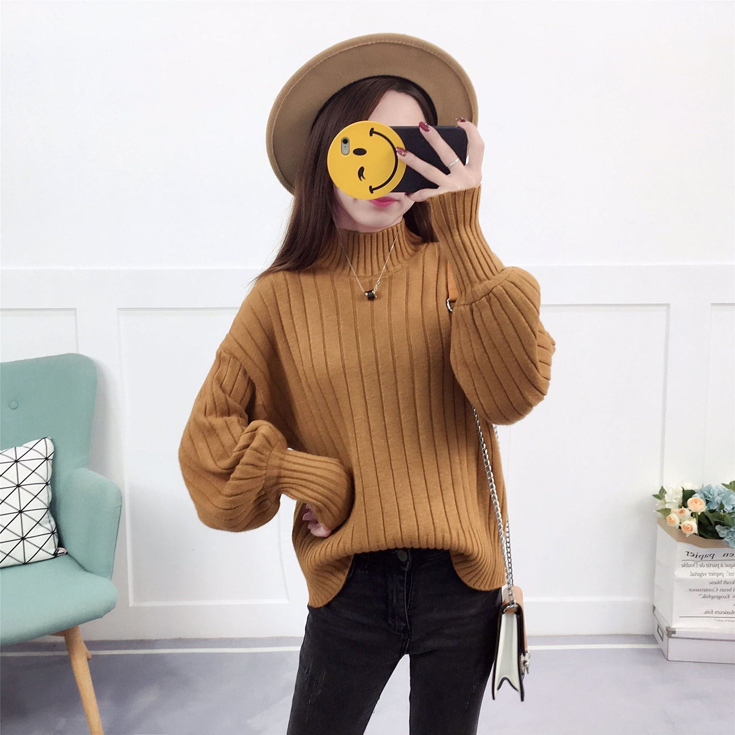 Damen Strickpullover Hoher Kragen Lässig Wärmer Beige