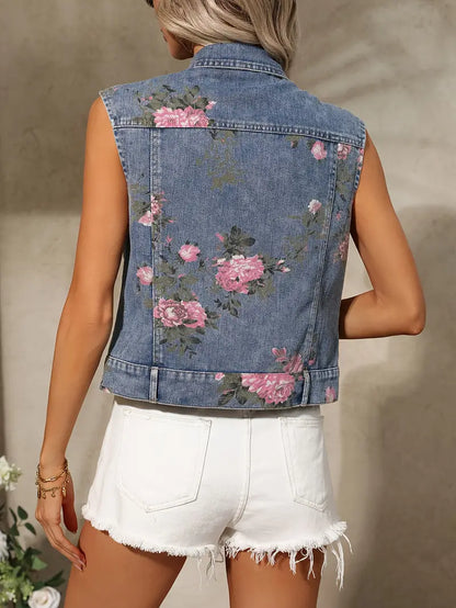 Ärmellose Damen-Jeansweste Blumen-Print Lockere Passform Sommerlich
