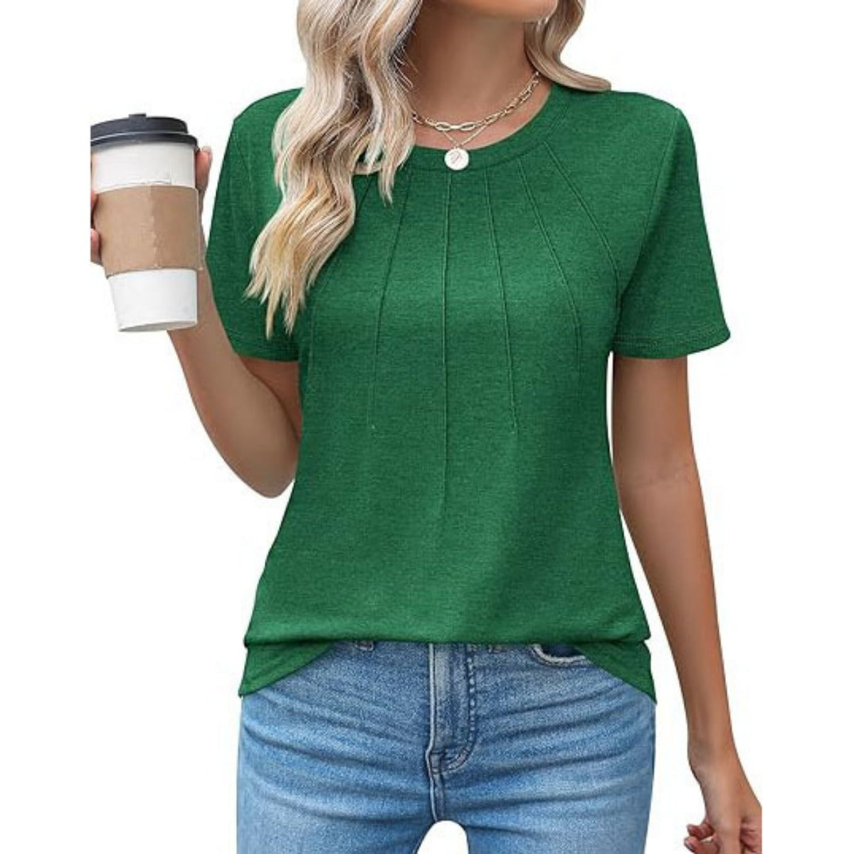 Eveloria Damen Rundhals T-Shirt Plissee Weiss