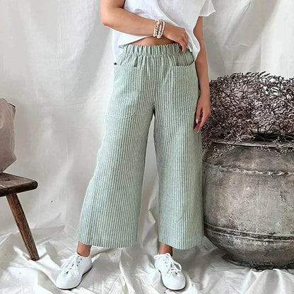 Damen Wide-Leg-Hose Streifenmuster Leicht Luftig Beige