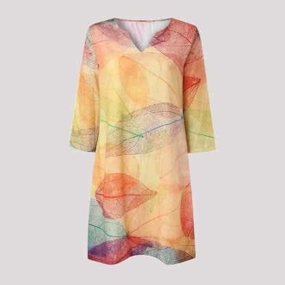 Damen Sommerkleid Blattmuster V-Ausschnitt Midi