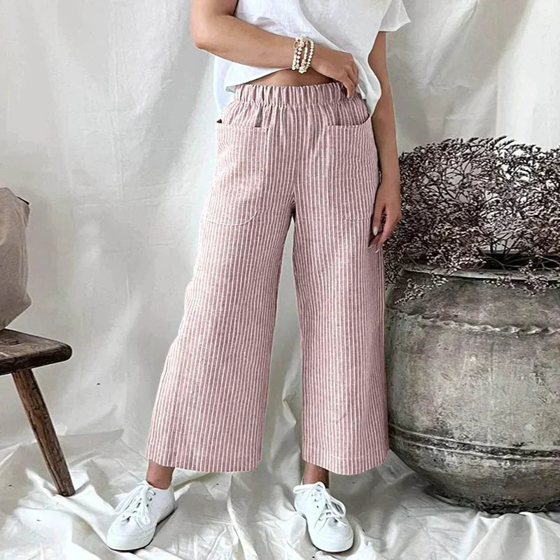 Damen Wide-Leg-Hose Streifenmuster Leicht Luftig Beige - Eveloria