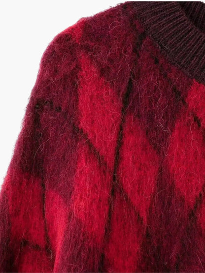Damen Pullover Rot Argyle Muster Strick