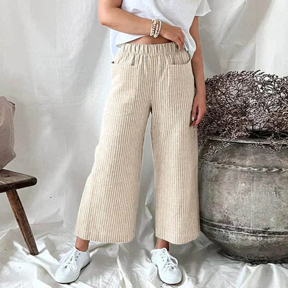 Damen Wide-Leg-Hose Streifenmuster Leicht Luftig Beige