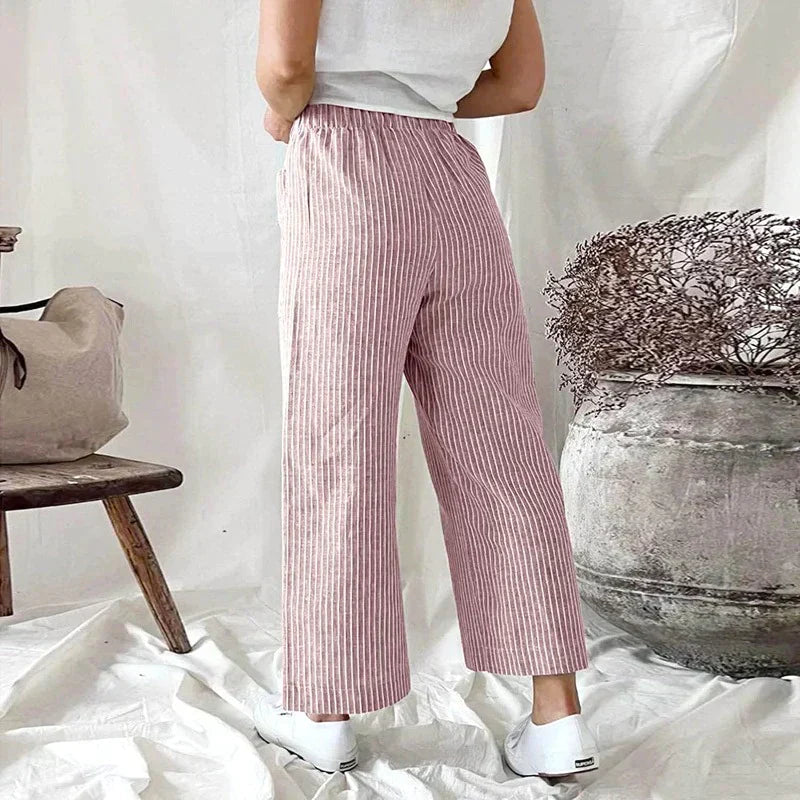 Damen Wide-Leg-Hose Streifenmuster Leicht Luftig Beige