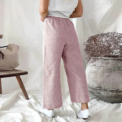 Damen Wide-Leg-Hose Streifenmuster Leicht Luftig Beige